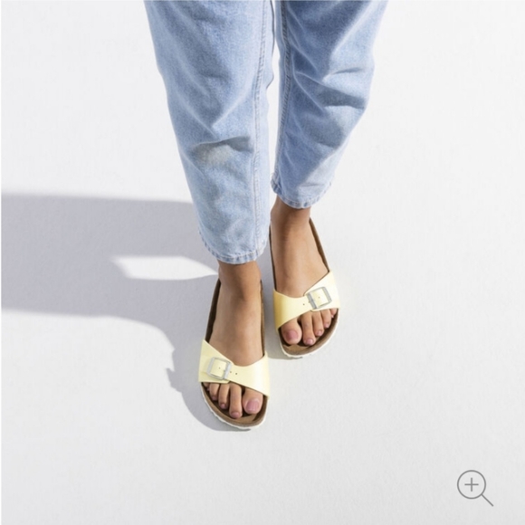 Birkenstock Shoes - Birki By Birkenstock Sandals Madrid Yellow Leather Single Band Slides Silvertone